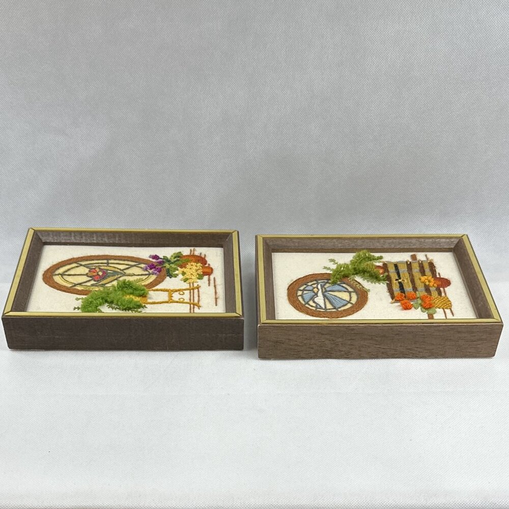 Vintage Framed Sunset Crewel Needlepoint Wall Decor.  Set of 2. - Picture 5 of 8